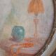 Ancient oval painting of a sleeping woman in oil on wood panel.