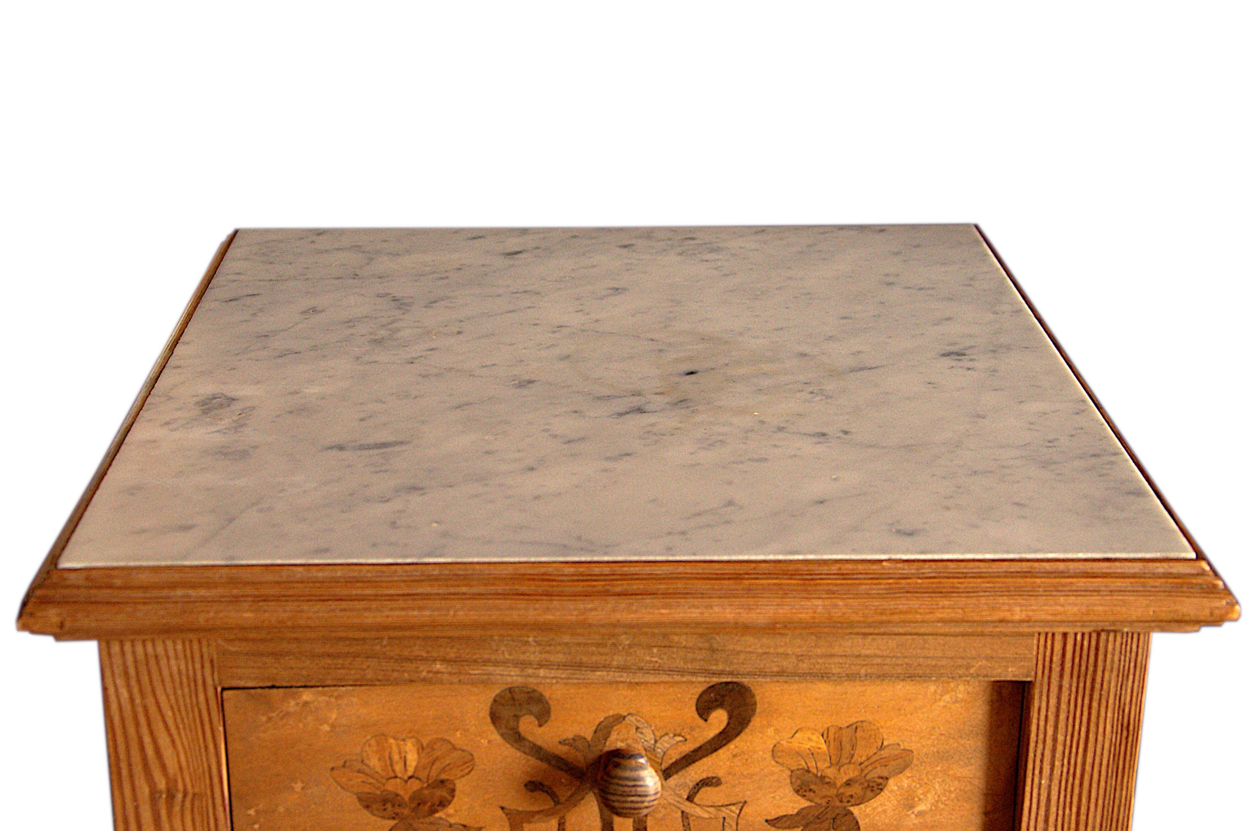 Nightstand in marked pine and marble, 37x81cm, 1940s, Art Deco, Gallé