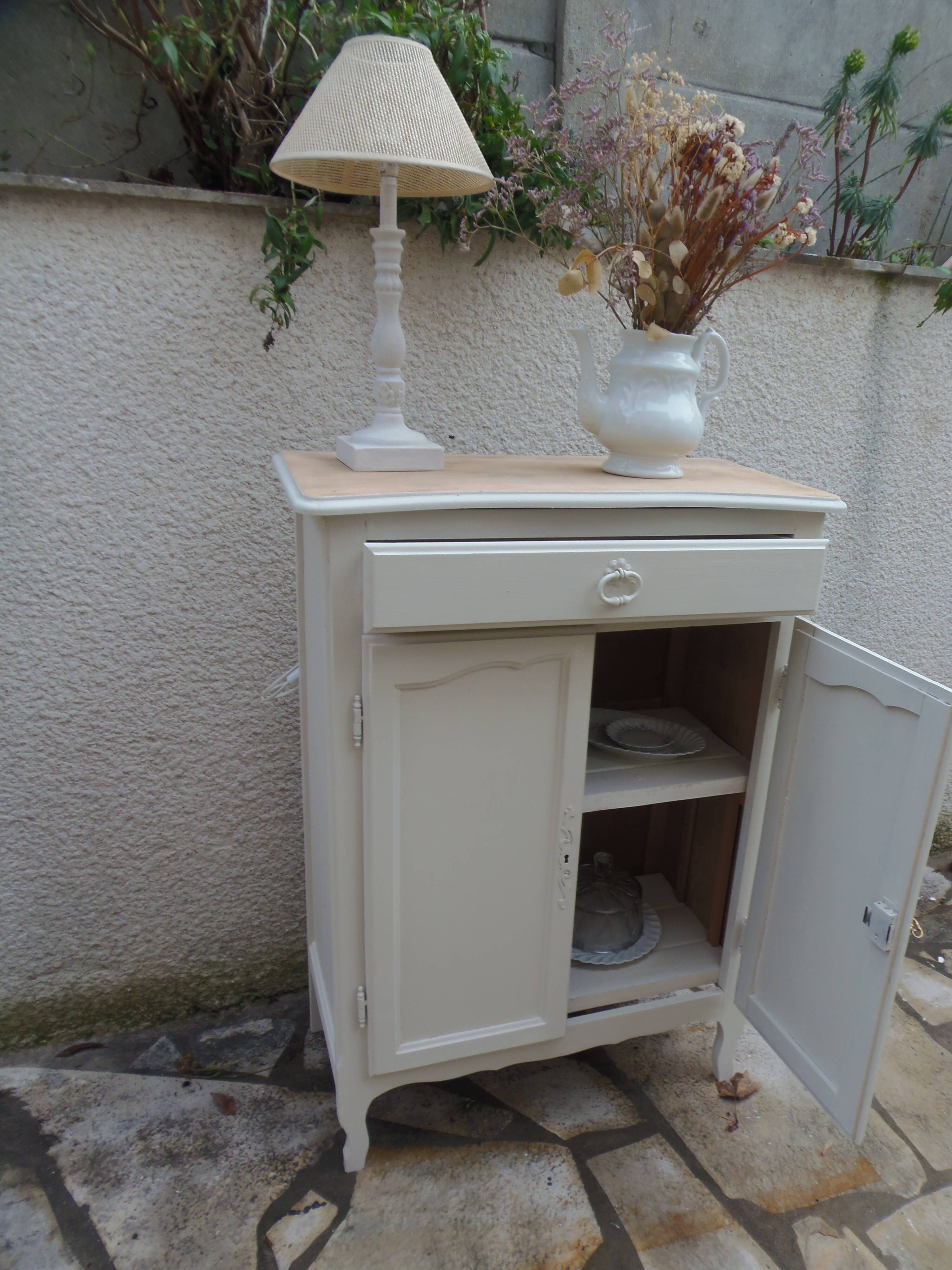 Small vintage buffet reimagined in pearl grey, wooden top.
