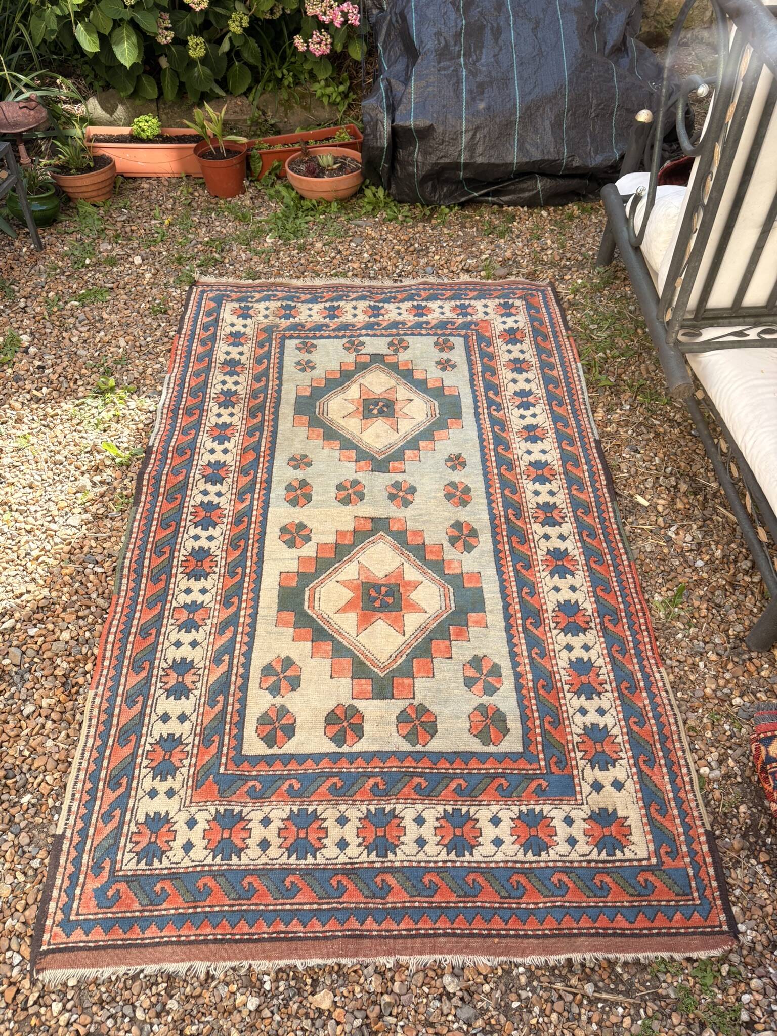 Antique Kazak Caucasian Carpet Wool 200x120 Vintage Blue Oriental Carpet 1900