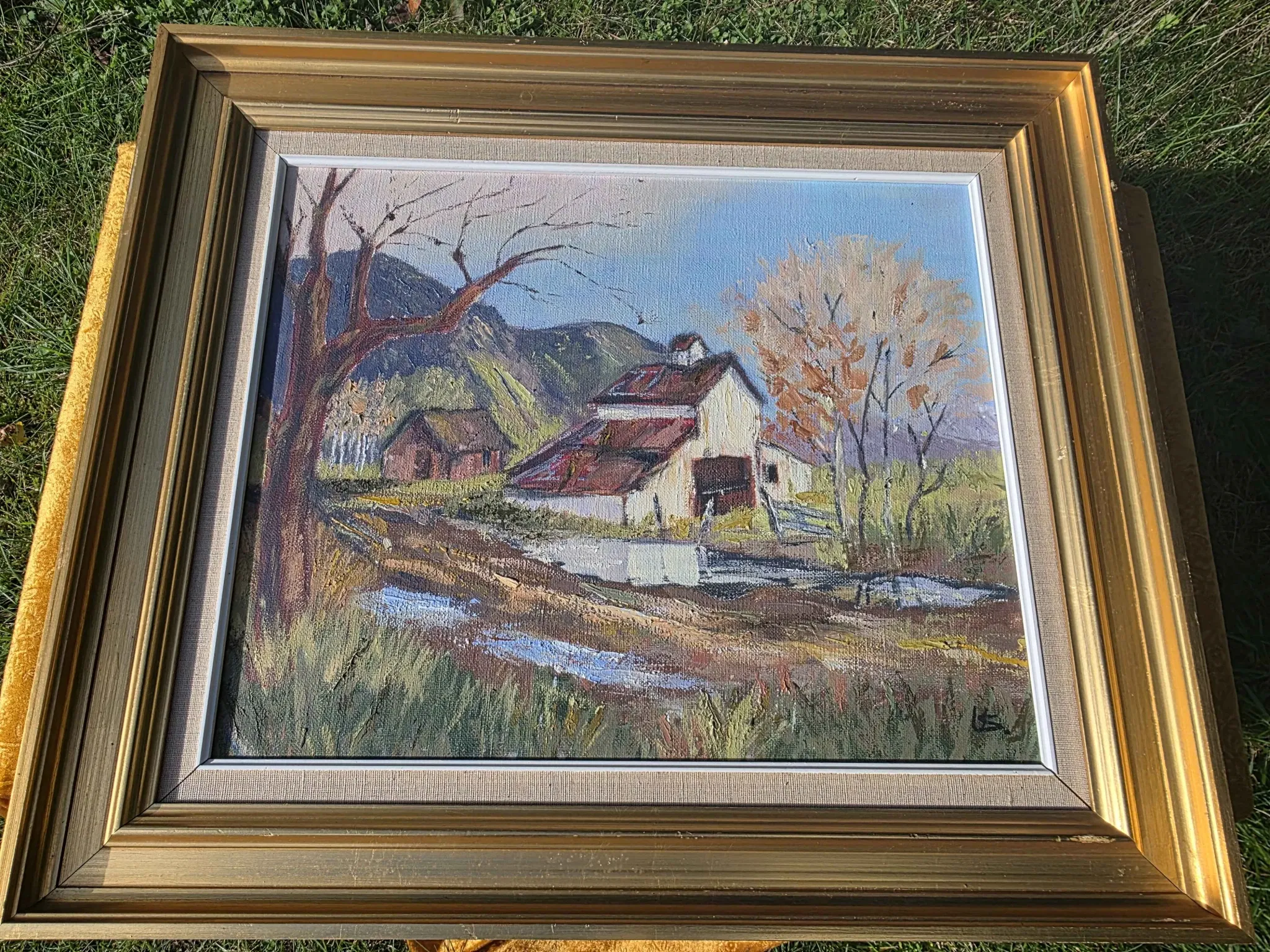 Vintage Oil Landscape Painting - Impasto Barn Scene