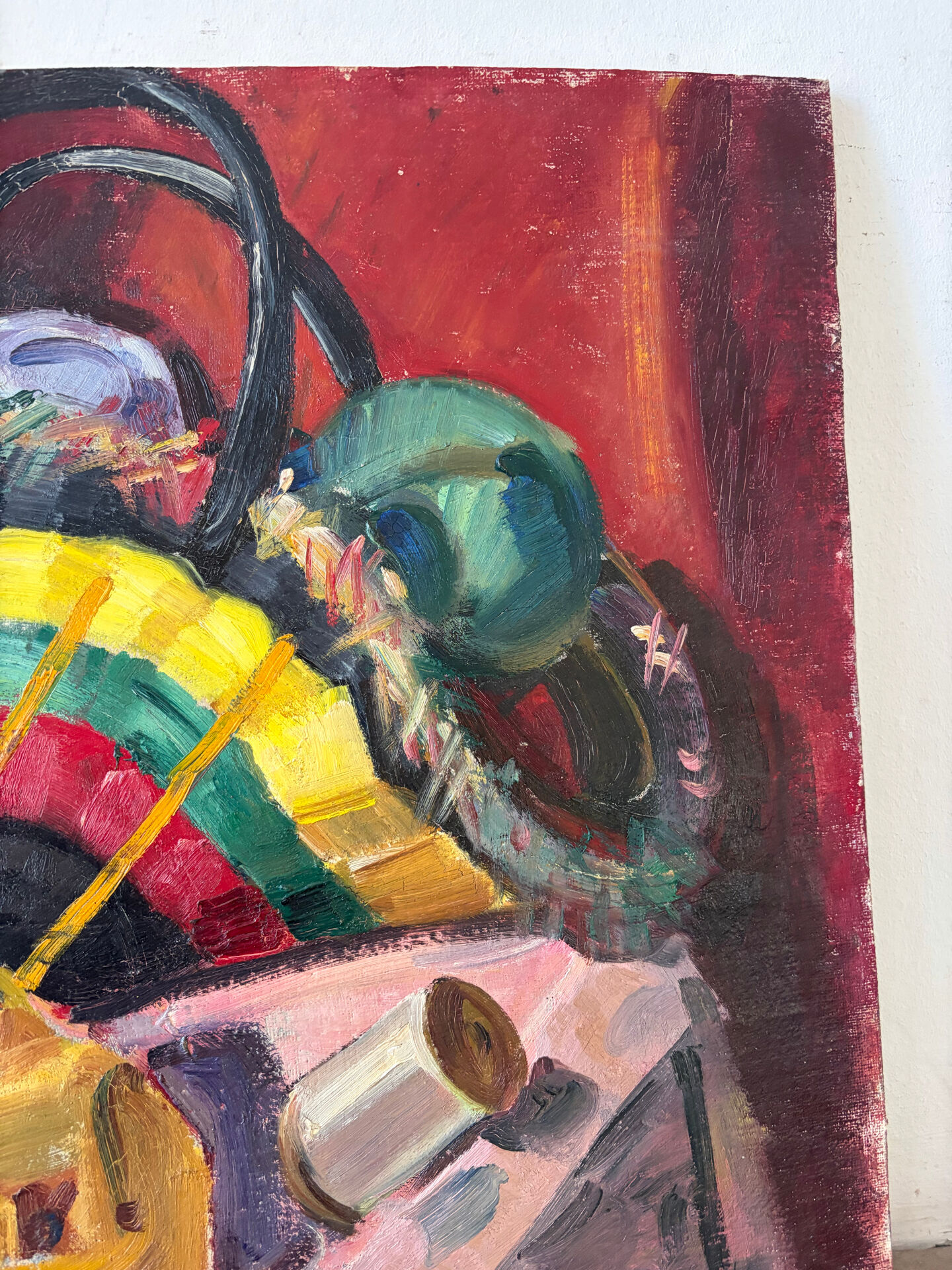 The wool basket, still life signed by Camille Mouret.