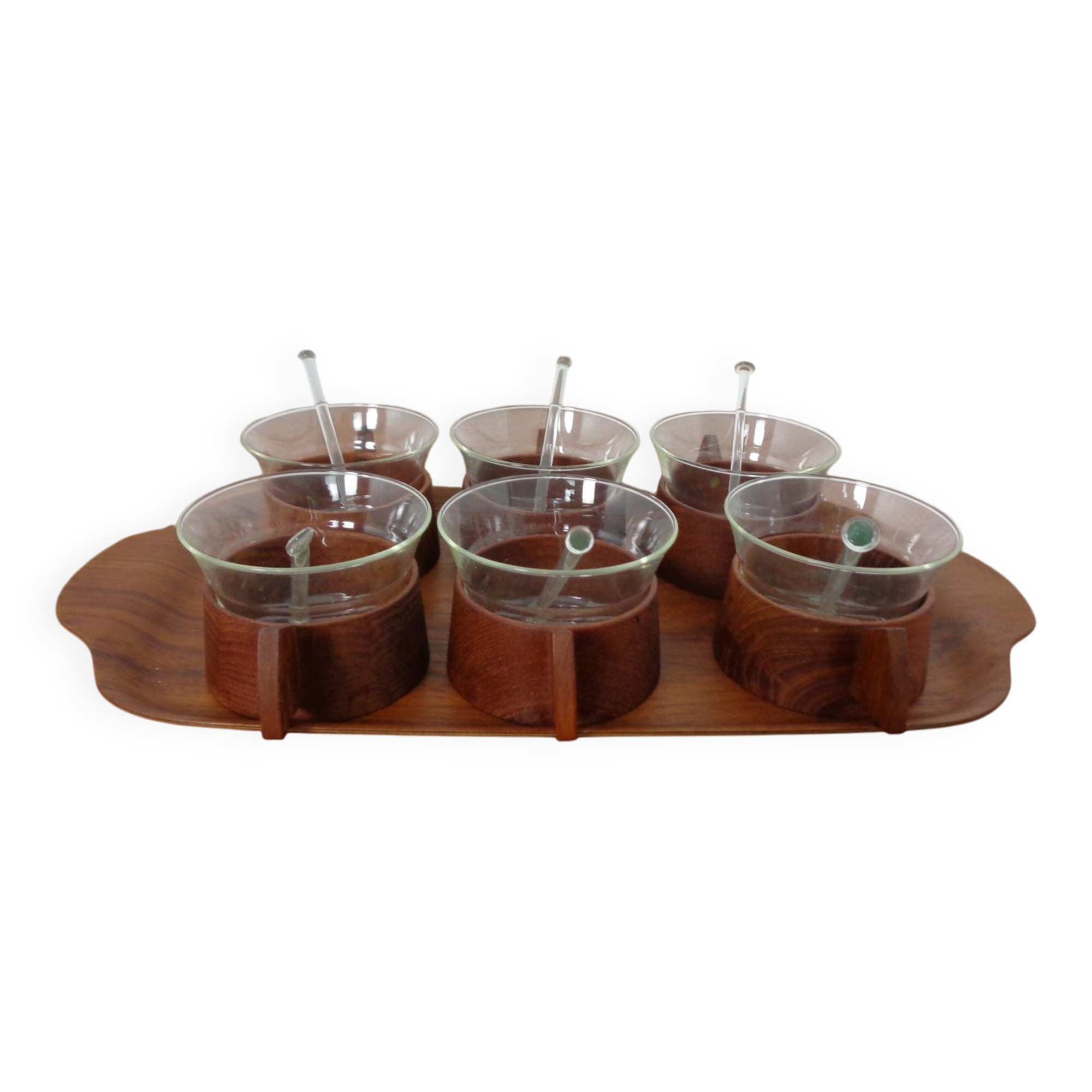 Swedish teak tray with tea cups by Jie Gantofta, 1960s, set of 7.