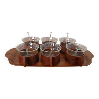 Swedish teak tray with tea cups by Jie Gantofta, 1960s, set of 7.