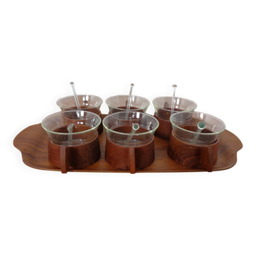 Swedish Teak Tray with Tea Cups by Jie Gantofta, 1960s, Set of 7