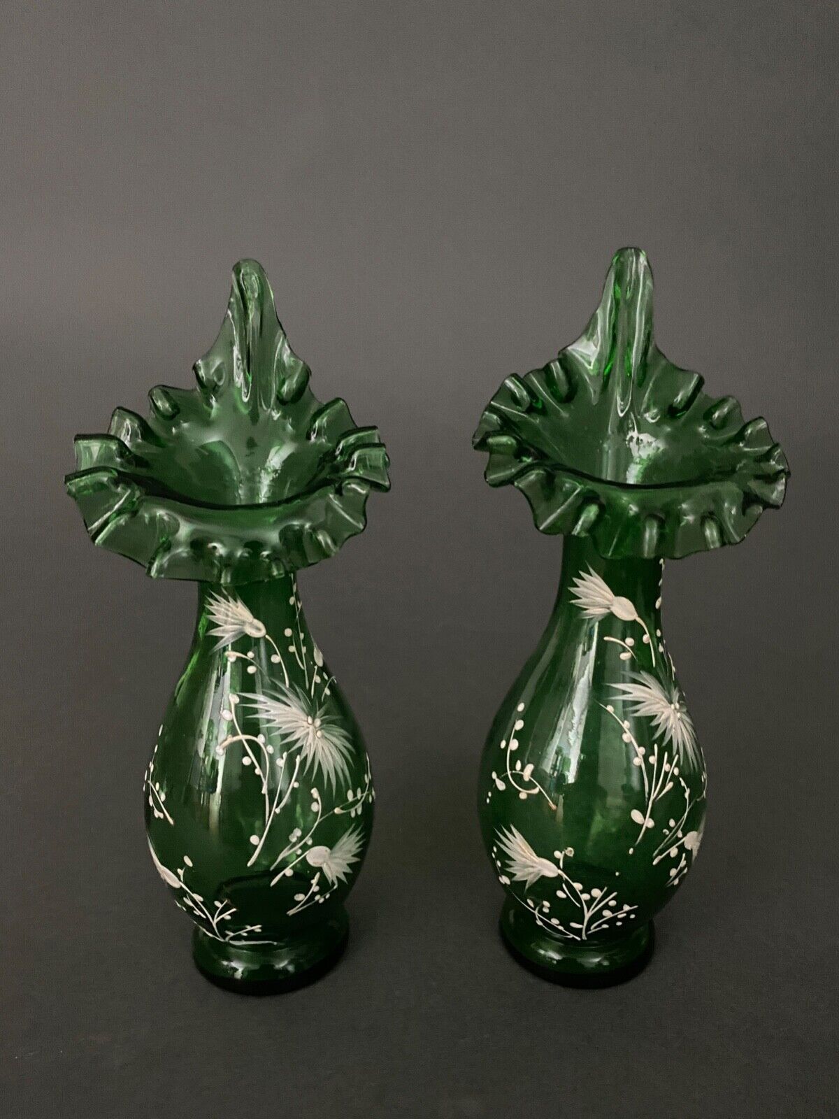 Pair of Marie Gregory vases in green floral decoration enamelled 1900