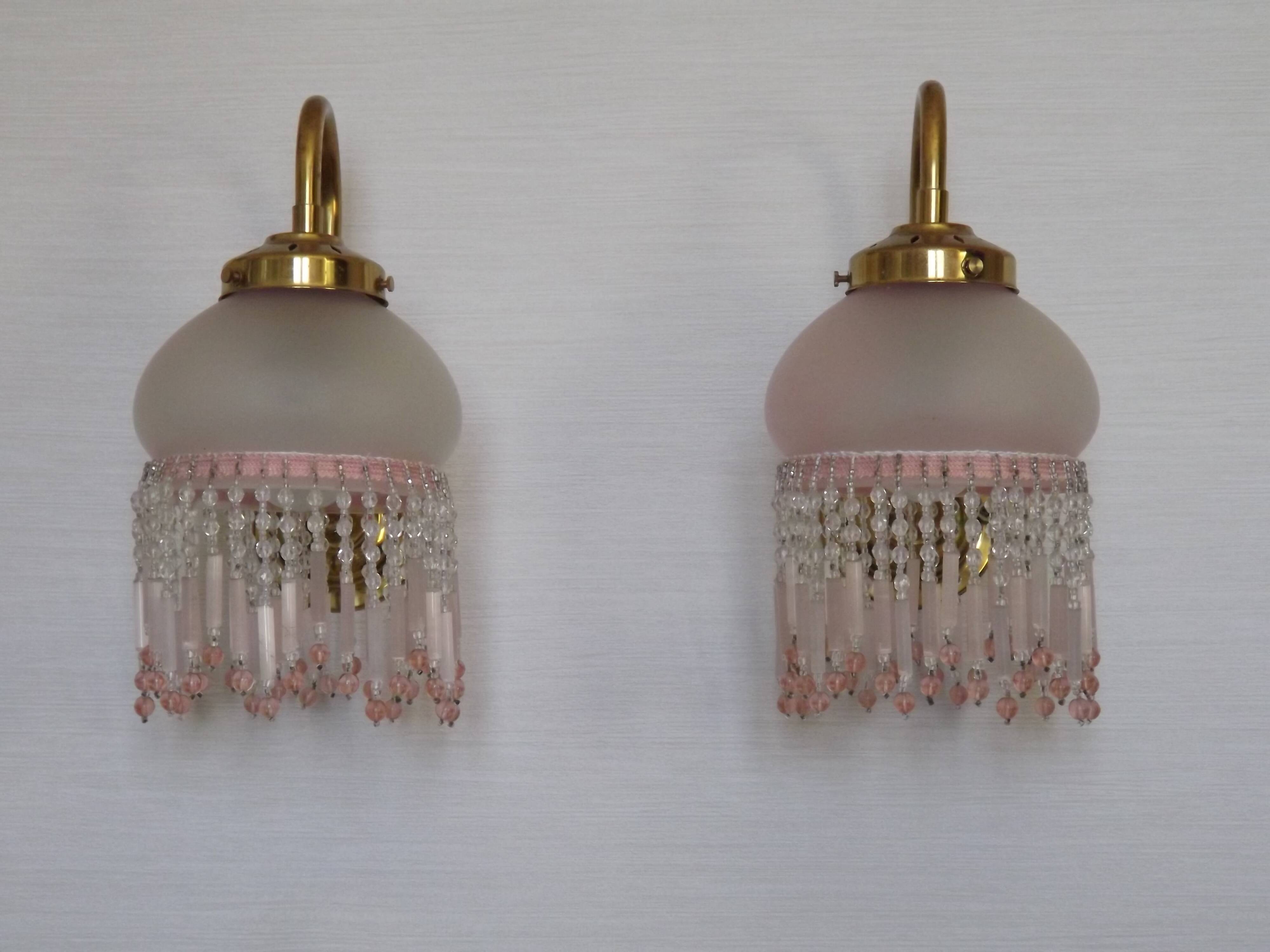 Pair of French Vintage Gold Wall Lights Pink Glass Beaded Fringe Shades