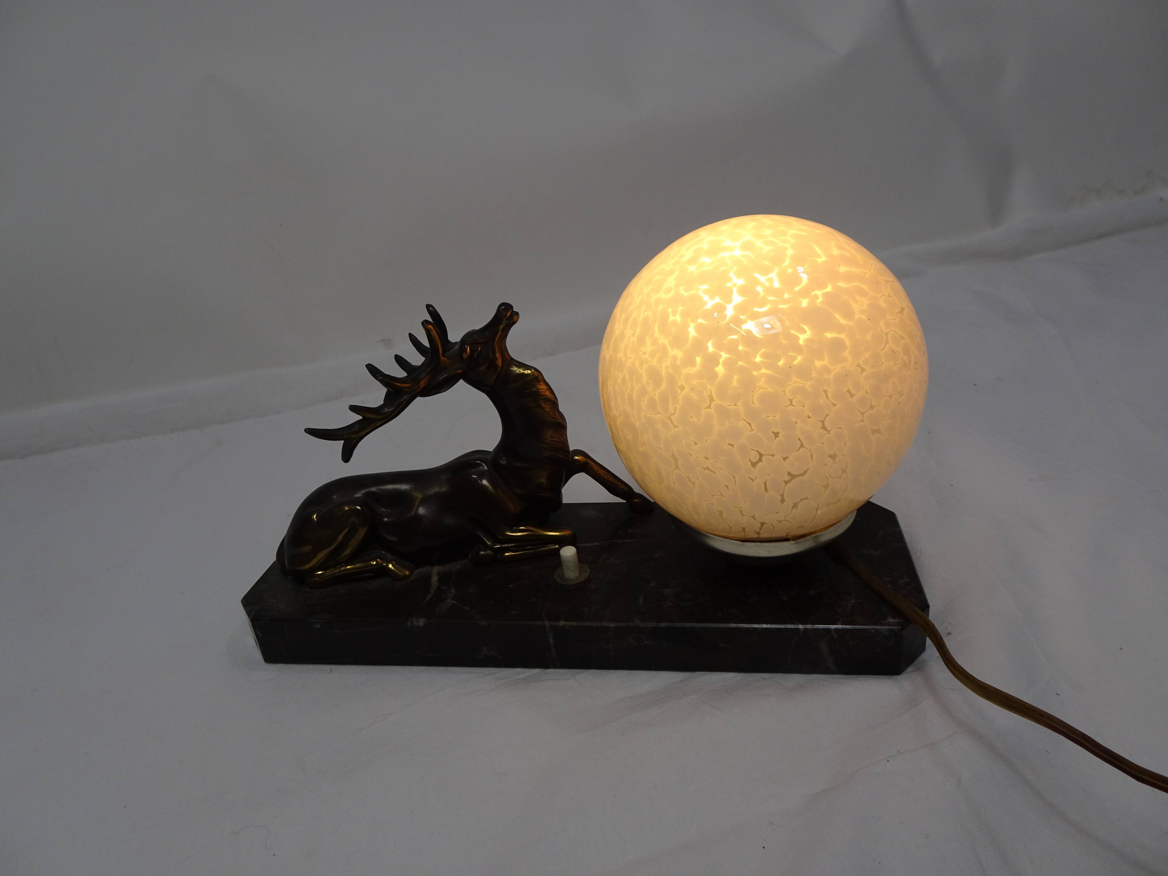 Art deco night light bedside lamp Deer and opaline white ball