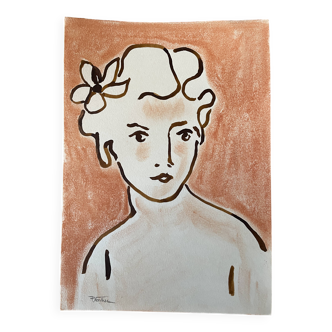 Painting signed ink and pastel portrait of a woman “study with flowers”