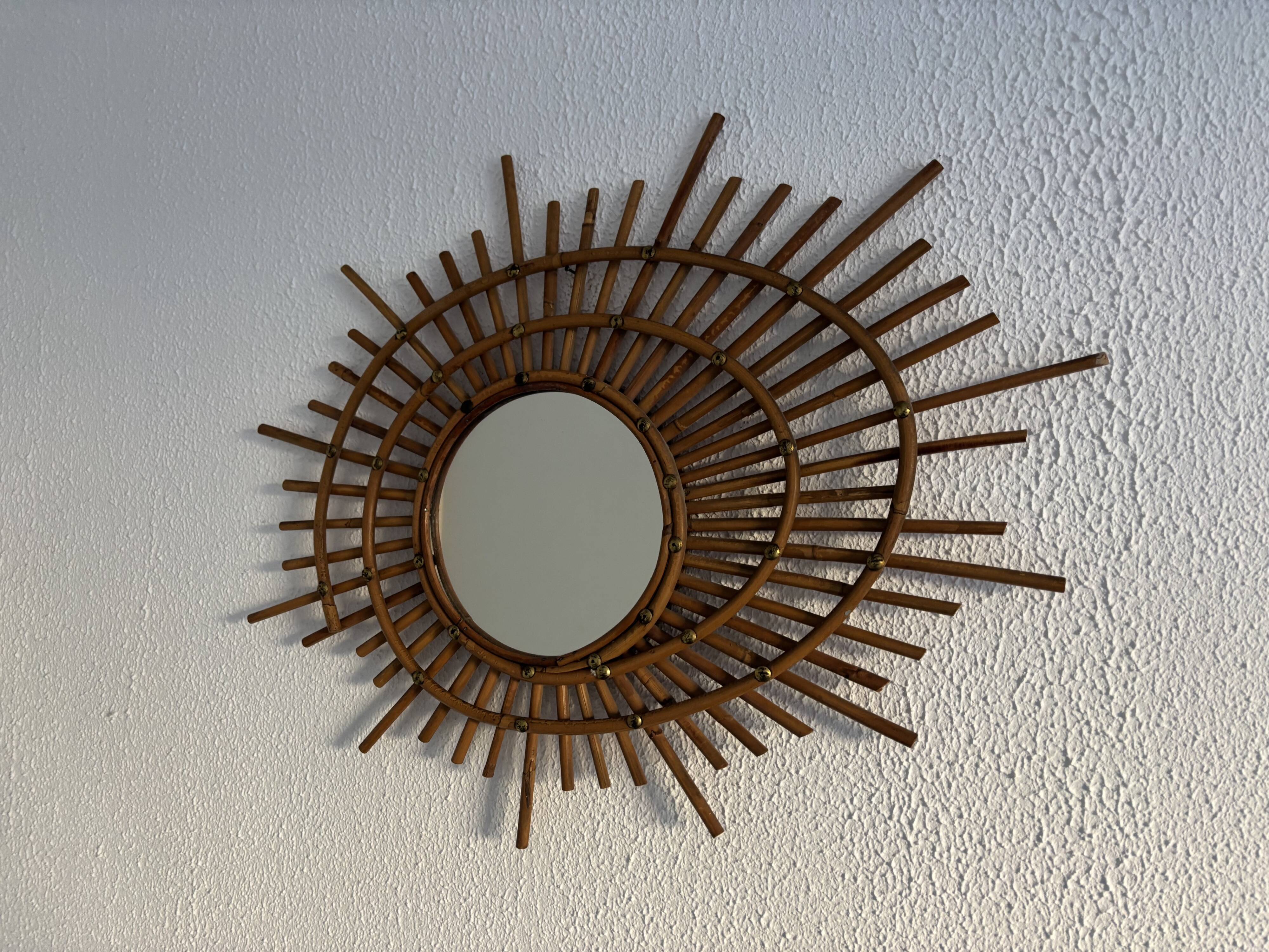 Vintage 1960s sun mirror, rattan, ORTF style, spiral eye - 66 x 50 cm
