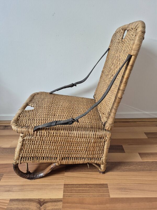 Siège de plage, pique-nique vintage pliant en rotin et cuir