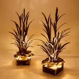Pair of Maison Jansen brass floor lamps with reeds and water lilies, 1970s