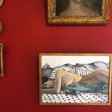 Old oil on panel depicting a nude scene with its golden frame
