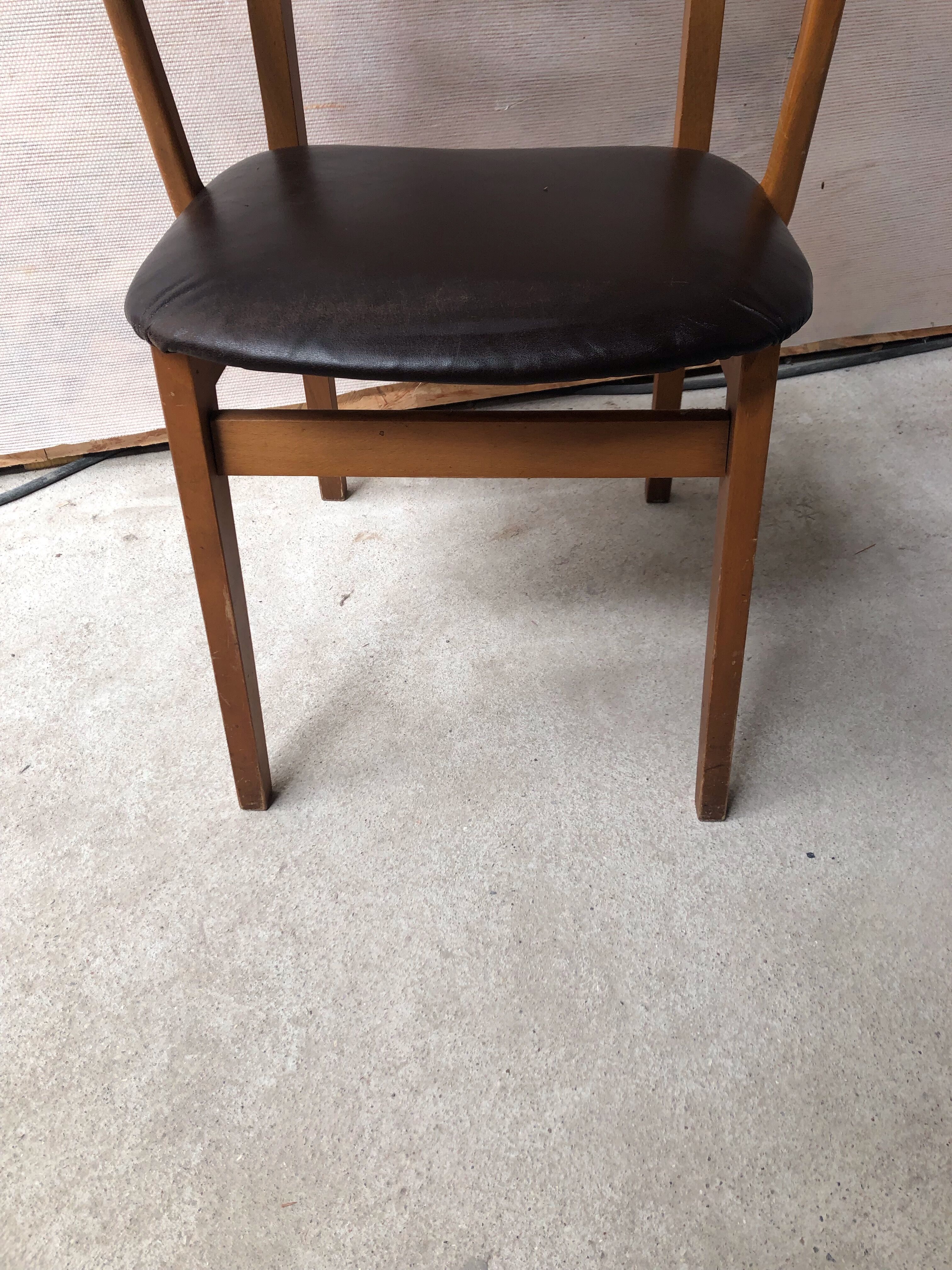 Armchair blond wood and Scandinavian leather 60s