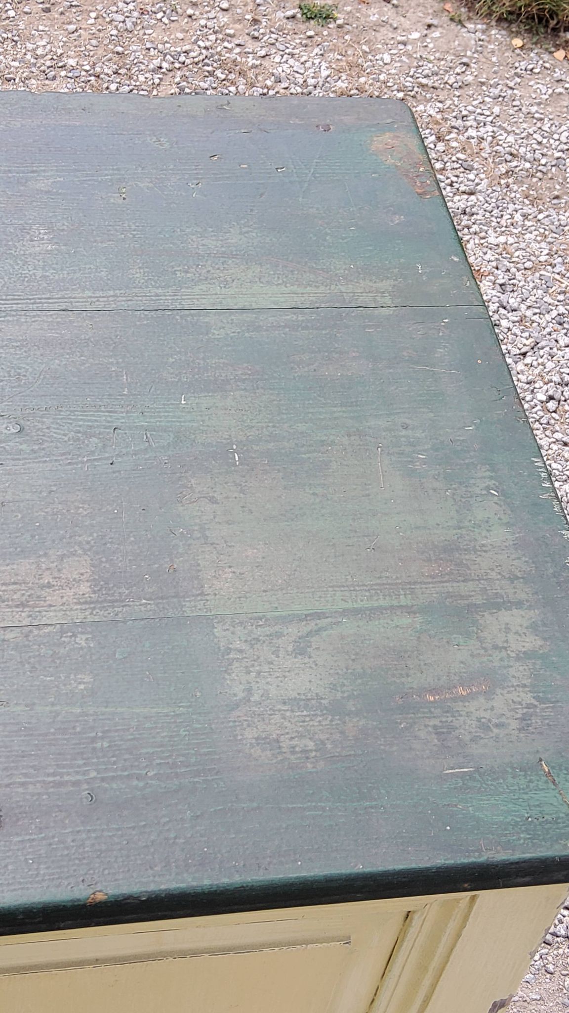 Late 19th century grocery counter in green and yellow patina painted wood