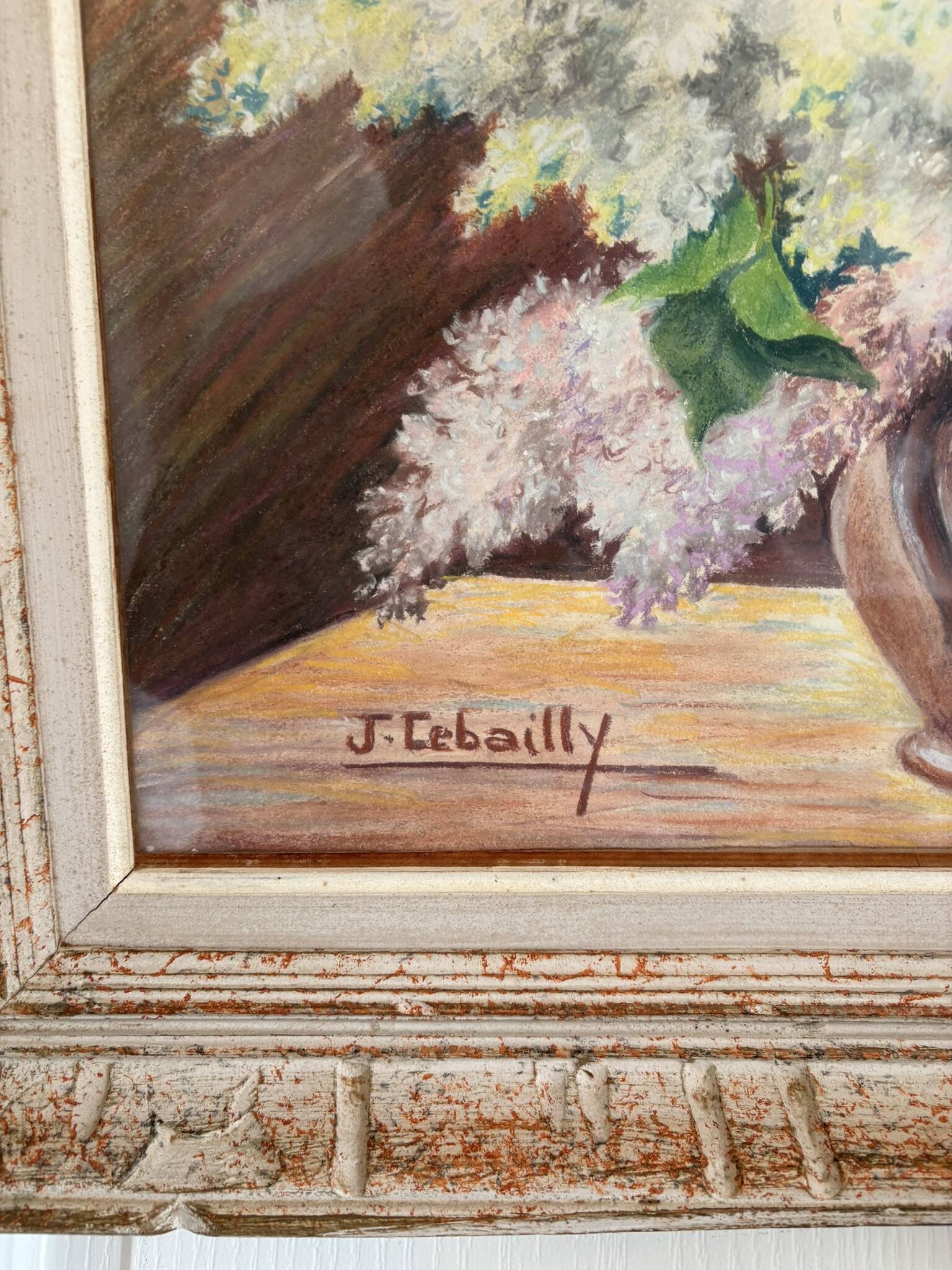 Tableau Drawing Pastel Still Life Lilac Bouquet Flowers Signed Lebailly Enc