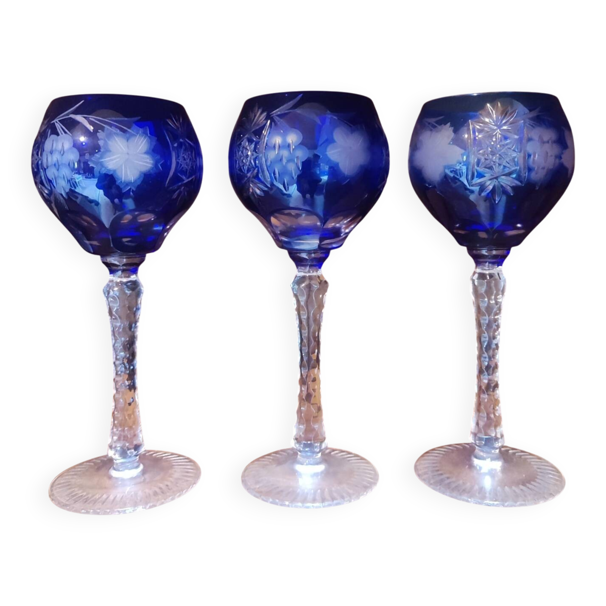 3 large cobalt blue cut crystal stemmed glasses