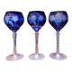 3 large cobalt blue cut crystal stemmed glasses