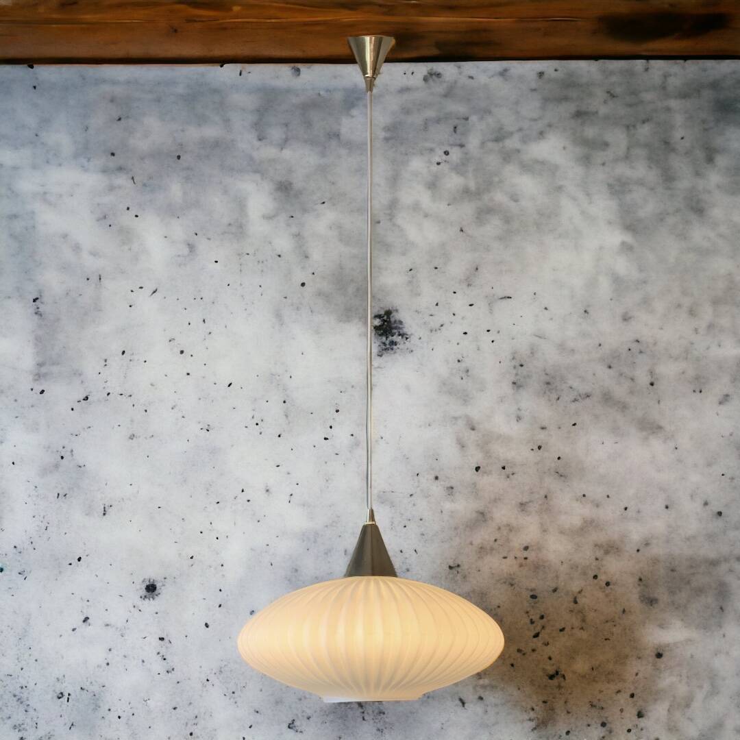 Large Scandinavian pendant light in striated opaline and brass from the 60s