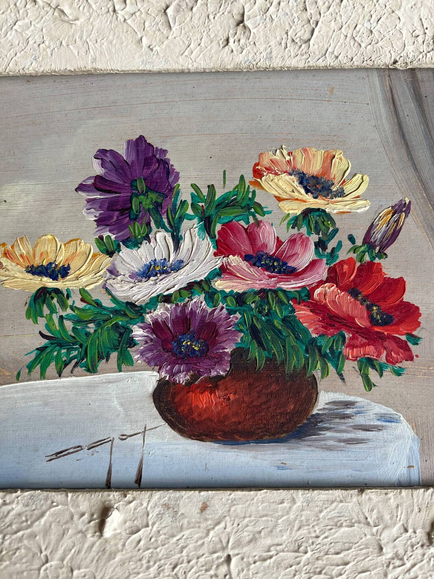 Painting framed bouquet of anemones signed