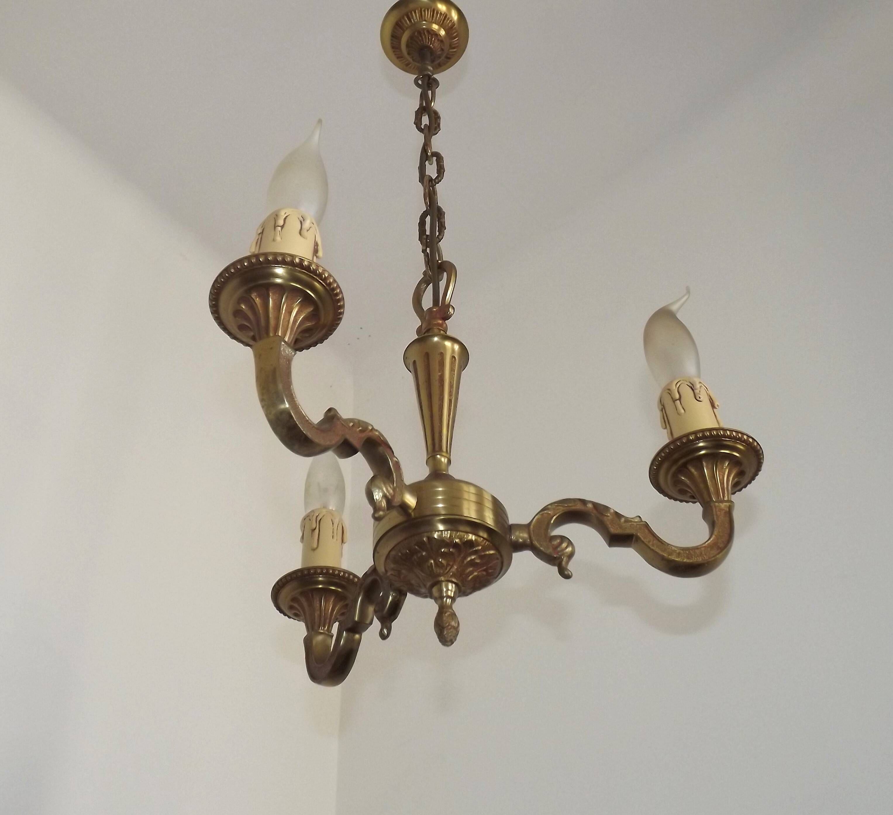 Petite Brass Vintage French Mid Century Traditional 3 Light Chandelier 5365
