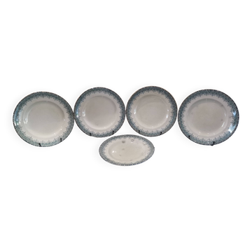 5 assiettes plates en Terre de Fer, faïence de Longwy modèle "Suzanne"
