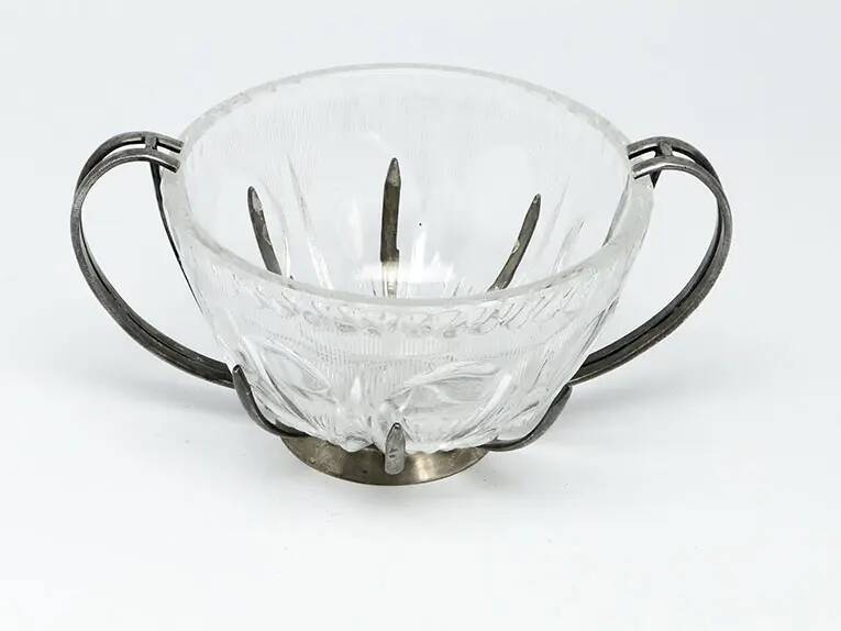 Sugar bowl, new look postmodernism, silver-plated brass and glass, Poland, 1970s