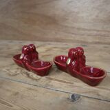 2 Vintage salt cellars in burgundy glazed ceramic slip with gold edging