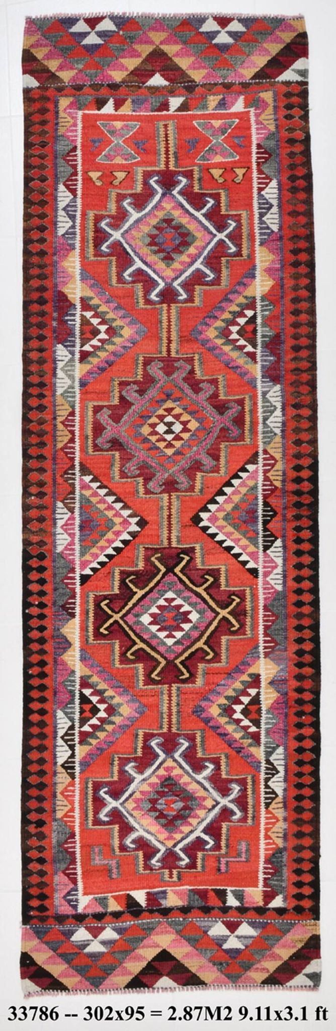 3x10 Vintage Burgundy Kilim Runner Rug 95x302Cm