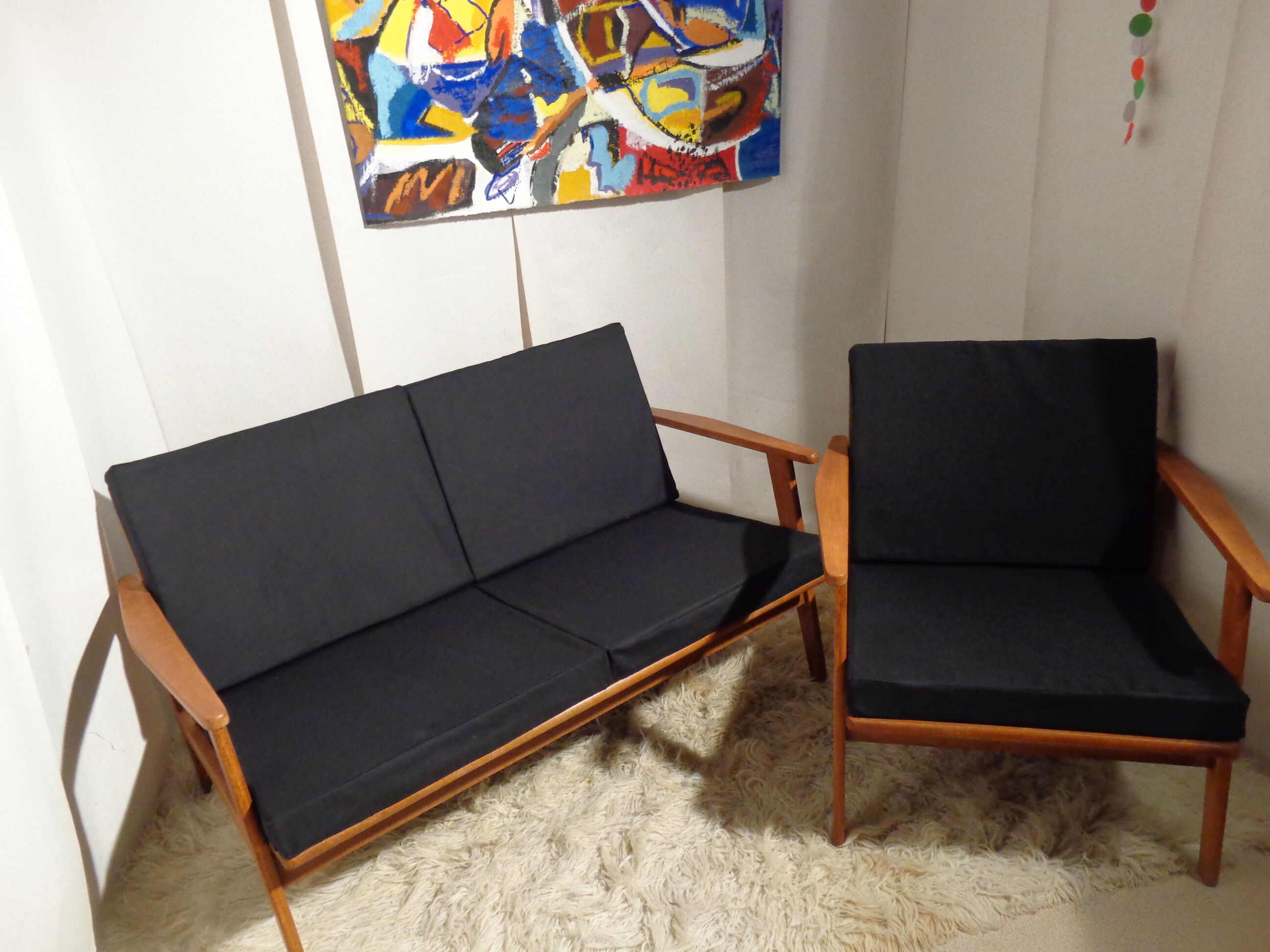 Vintage Scandinavian living room set in light wood