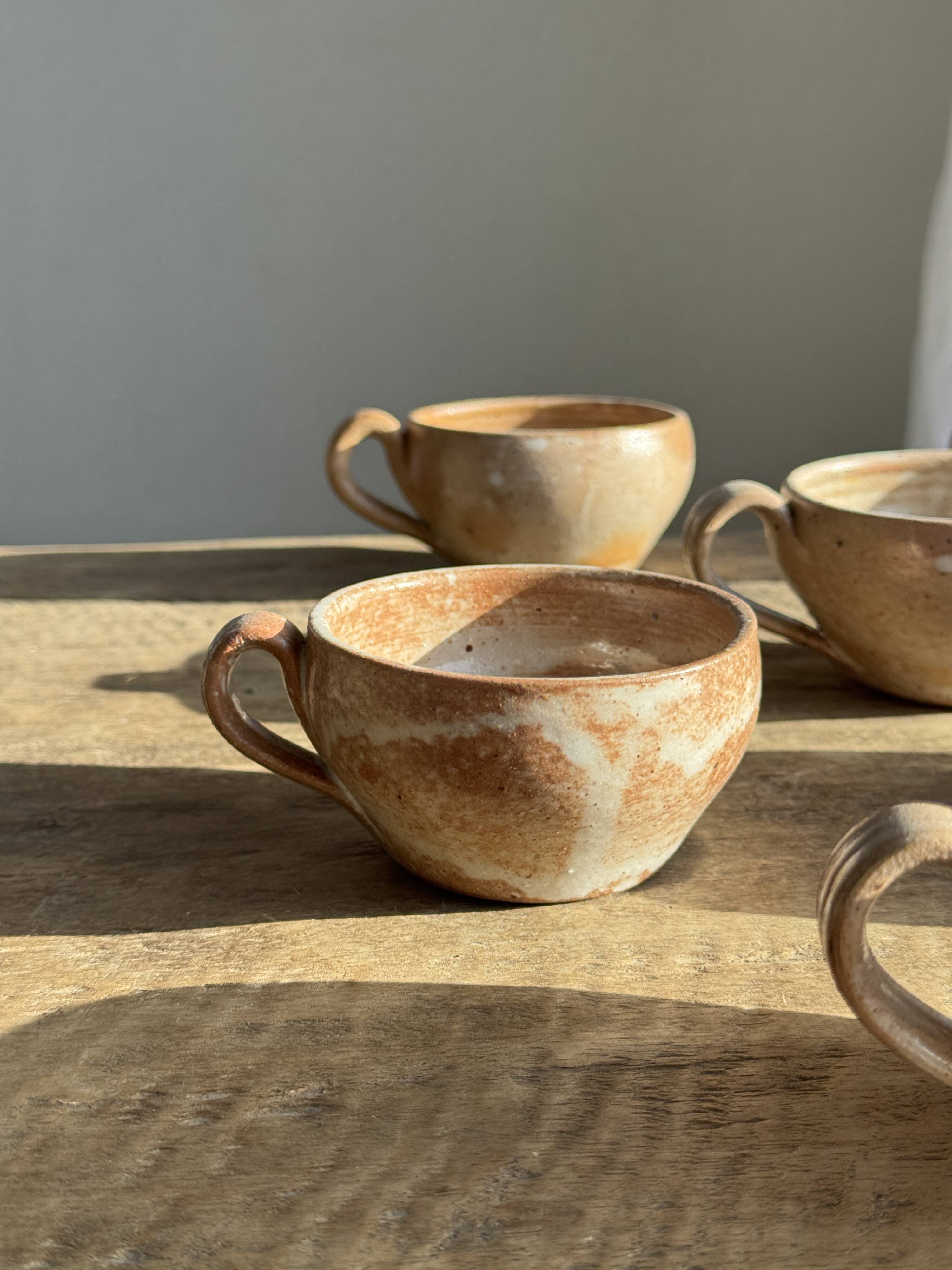 Set of 11 vintage coffee cups, raw matte stoneware H11