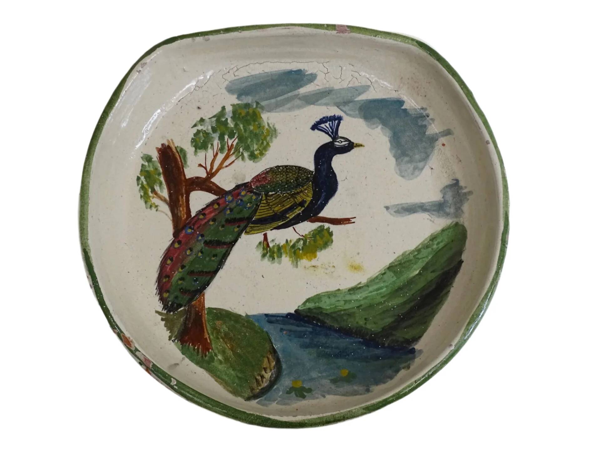 Bol ancien français en terre cuite émaillée à décor de paon