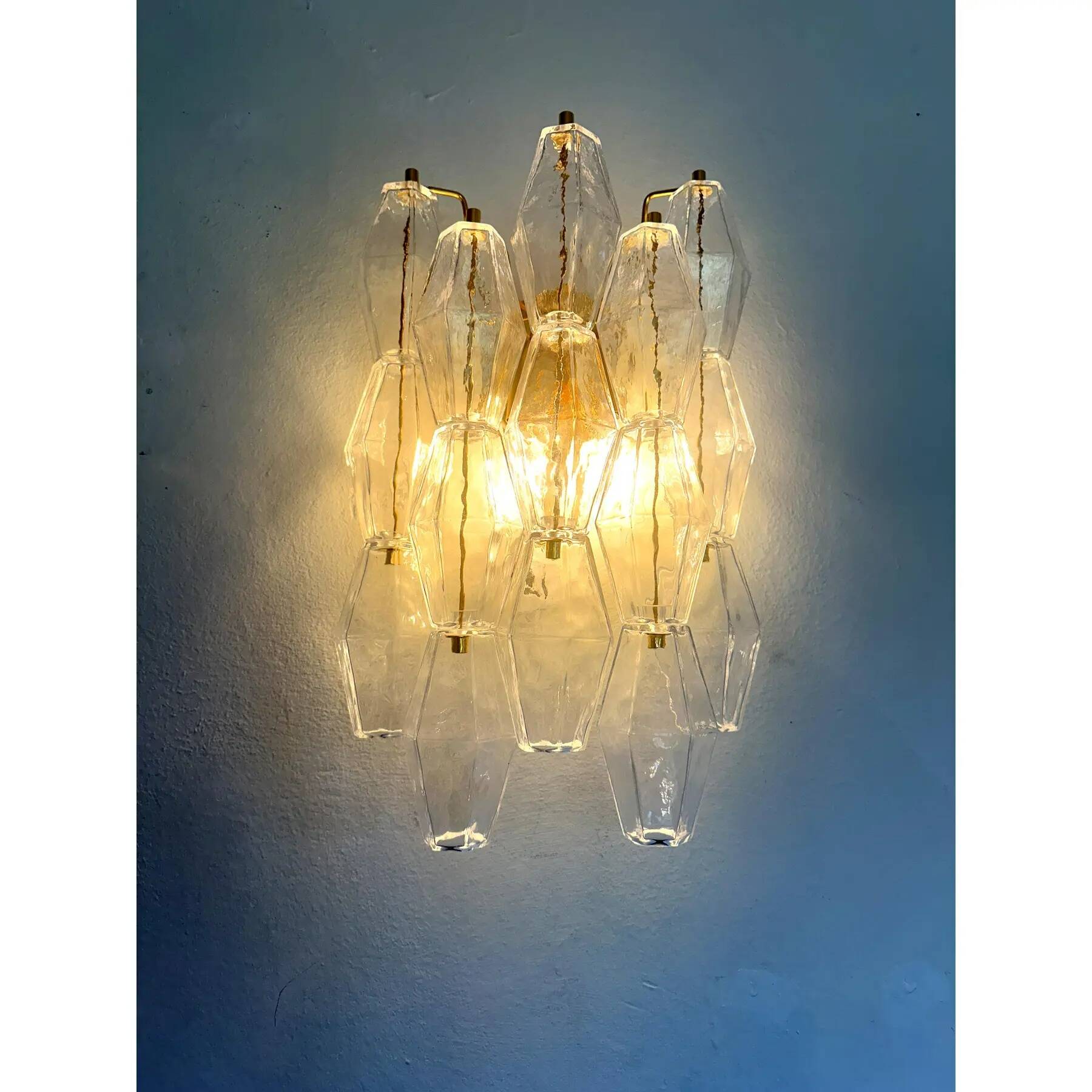 Contemporary Transparent “Poliedri” Murano Glass Gold Wall Sconce in Venini