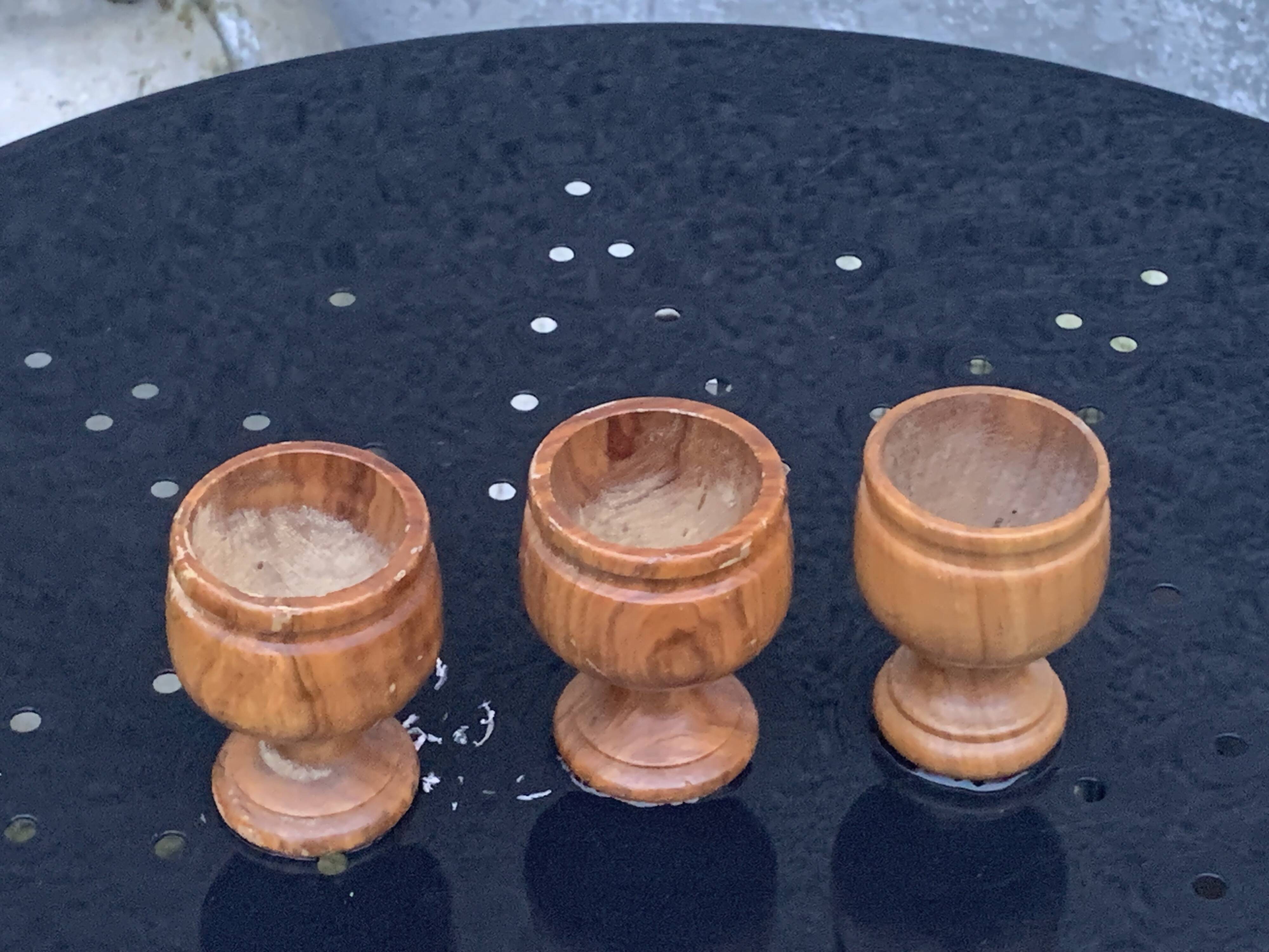 3 wooden egg cups, vintage