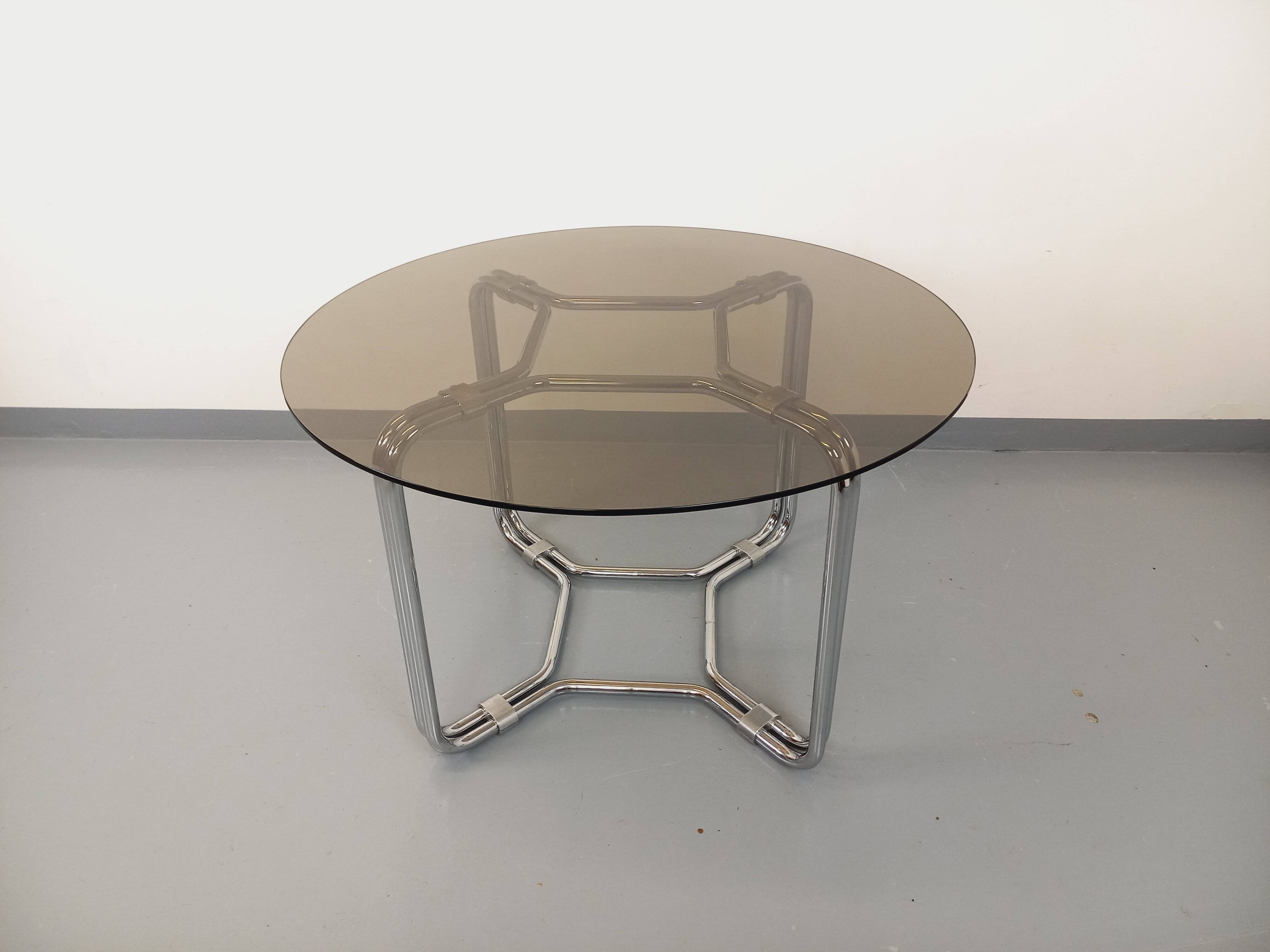 Vintage round dining table in smoked glass and chrome metal