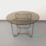 Vintage round dining table in smoked glass and chrome metal