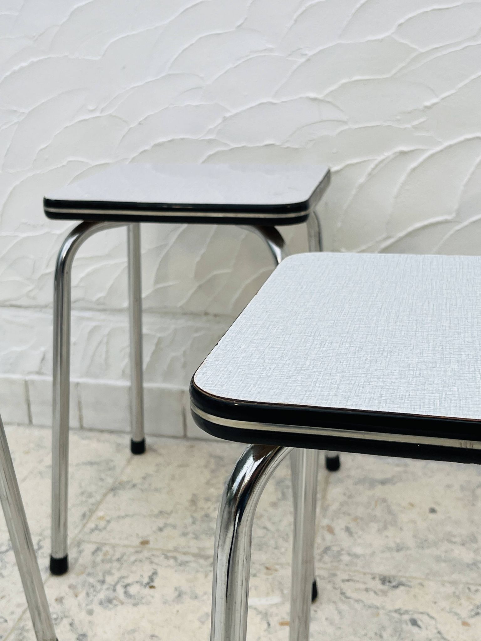 Set of 4 vintage grey chrome Formica stools.