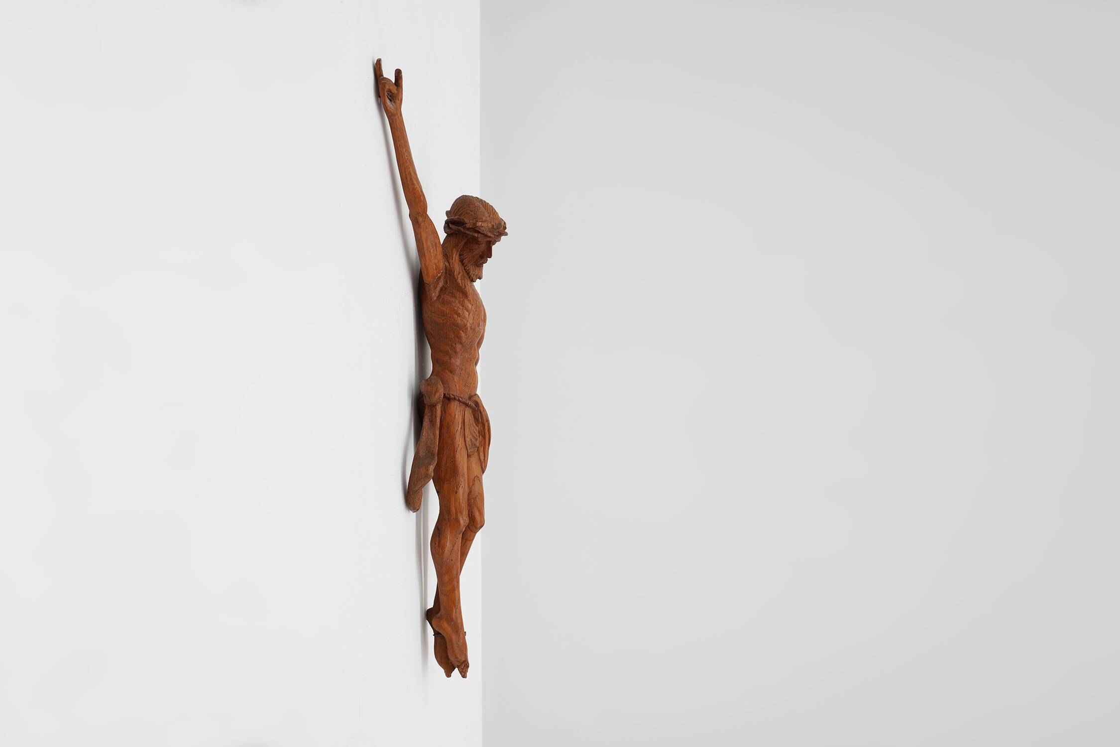 Hand carved oak crucifix or corpus Christi, Belgium ca. 1900