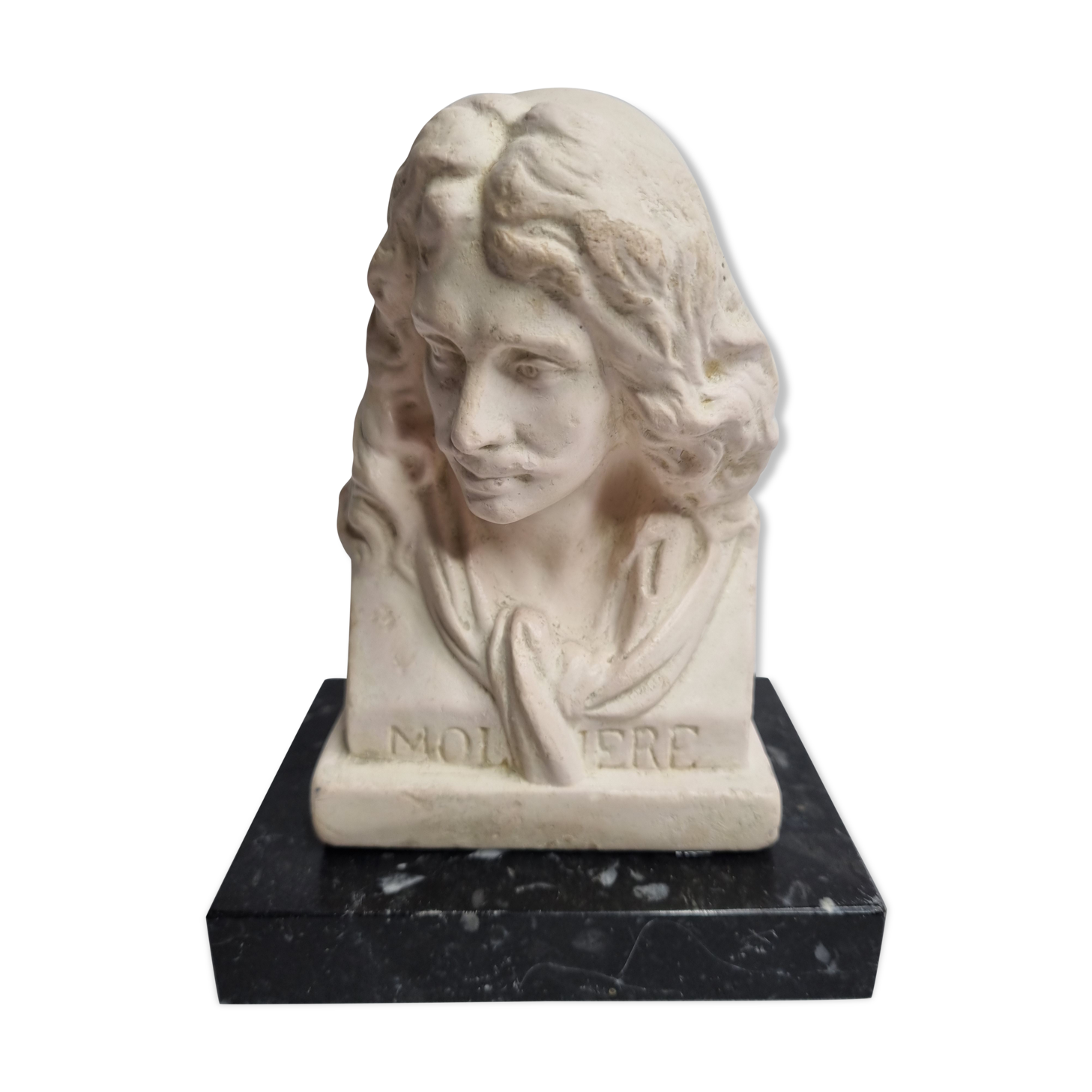 Buste de Molière en plâtre ciré sur socle en marbre 14 cm