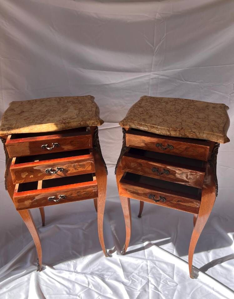 Louis XV Marquetry Bedside Tables, Pair of Vintage French Nightstands