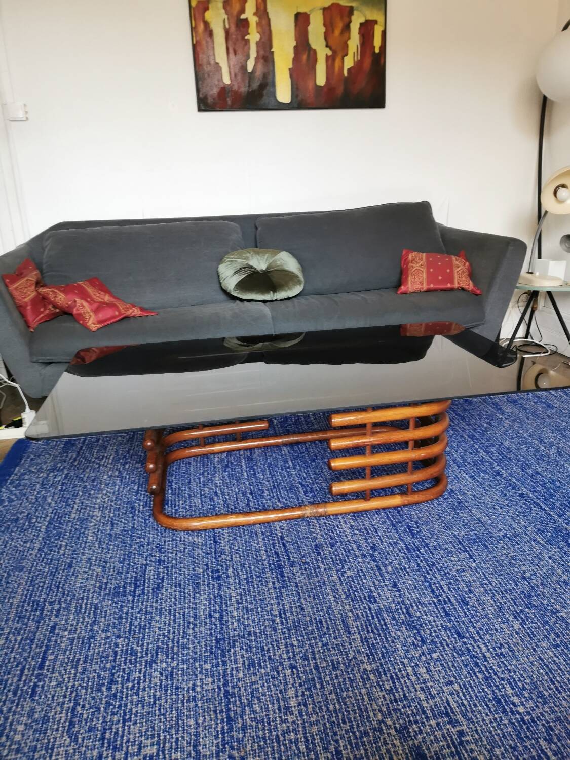 Large smoked glass bamboo coffee table from the 60s