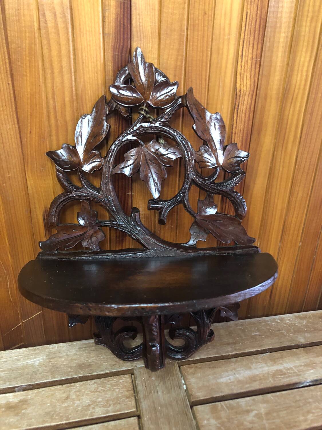 Carved wood wall shelf vintage vine leaves decor #a465