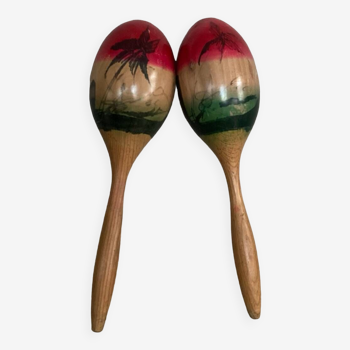 Maracas en bois décor fait main, années 1970-80