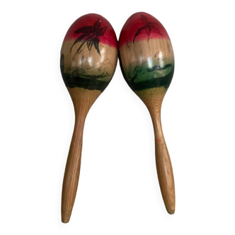 Maracas en bois décor fait main, années 1970-80