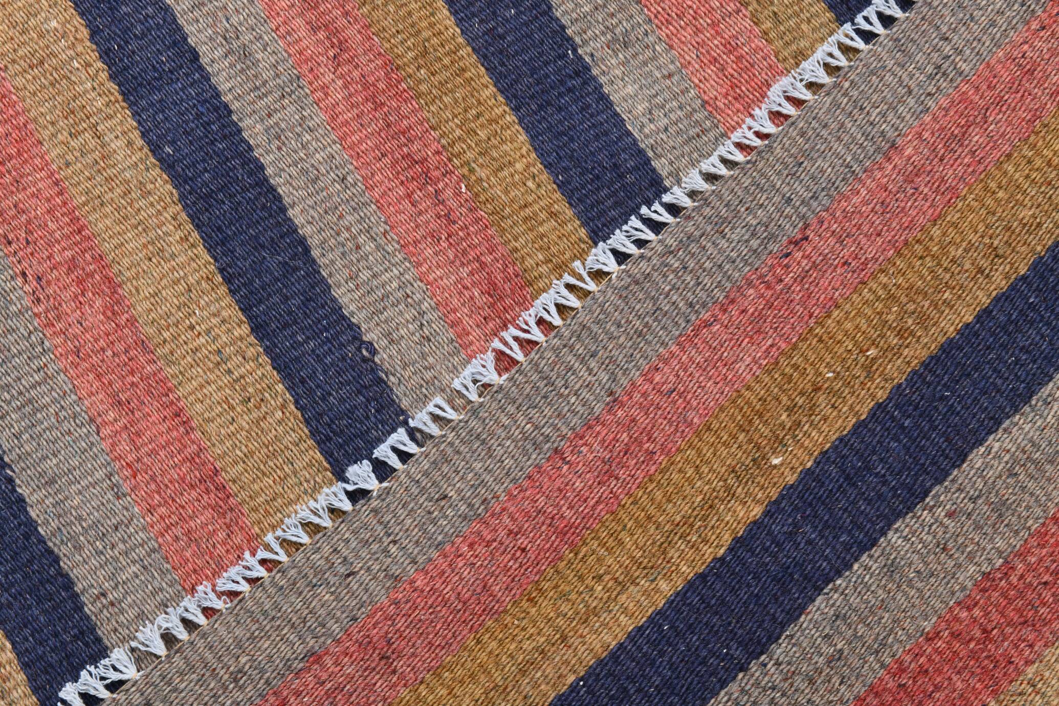 Navy Blue & Terracotta Hand Woven Turkish Striped Kilim Rug, 147x217 Cm
