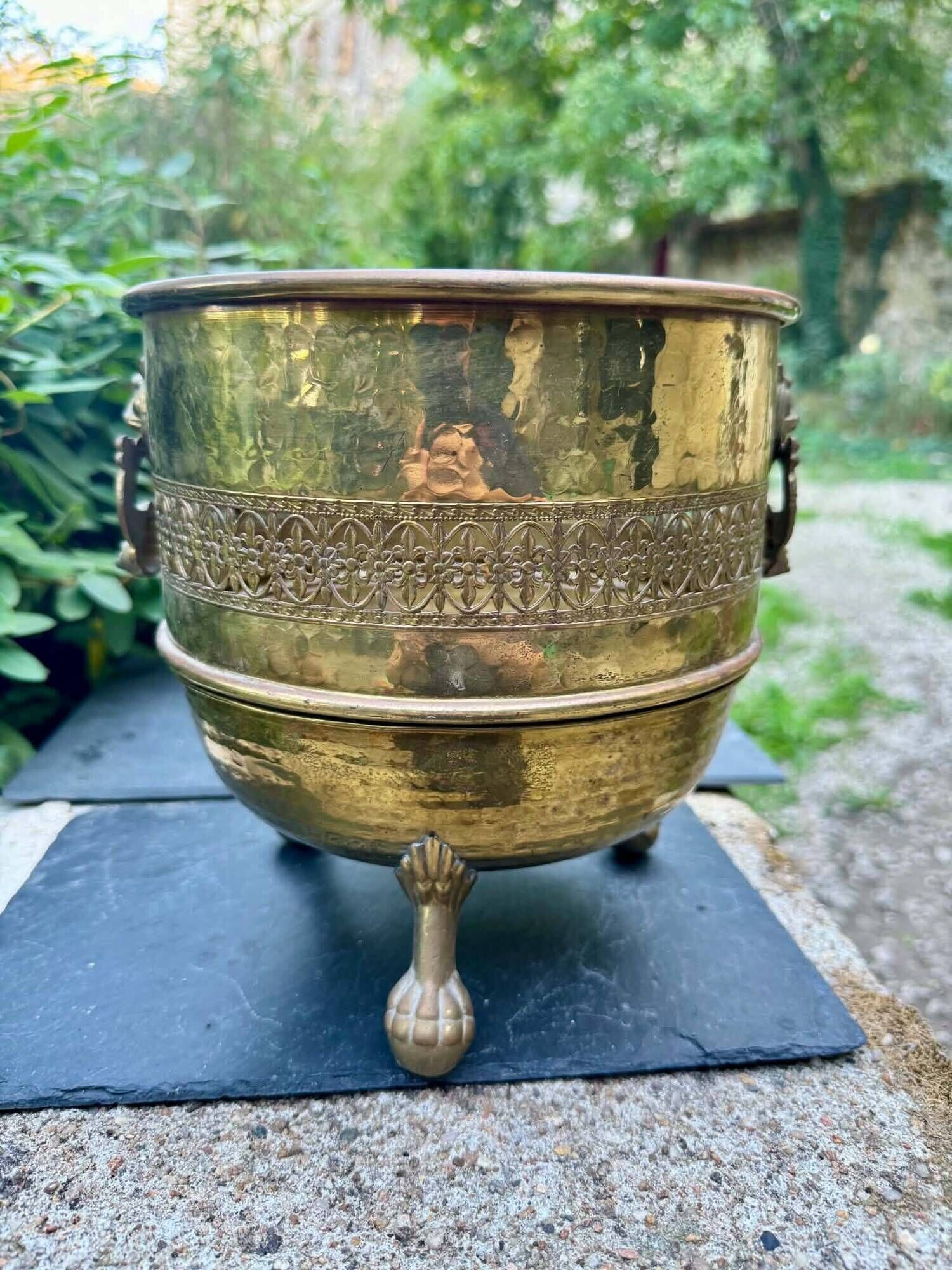 Large solid brass lion cache pot Art Nouveau
