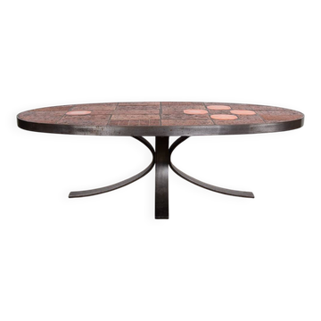 Coffee table in lava stone, ceramic and steel by Jean Jaffeux 1960.