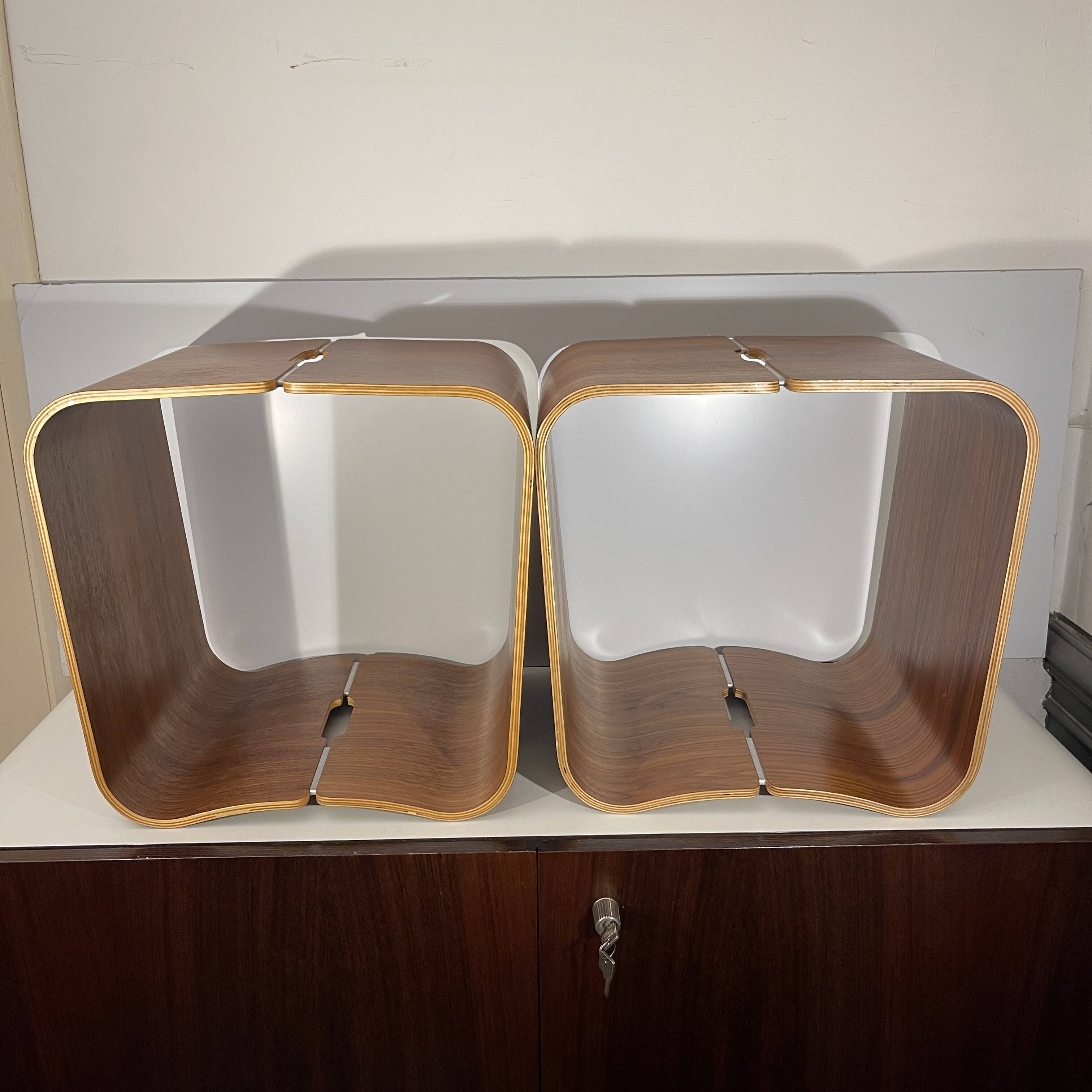 Pair of stools / side tables, rosewood aluminum, multi-plex wood