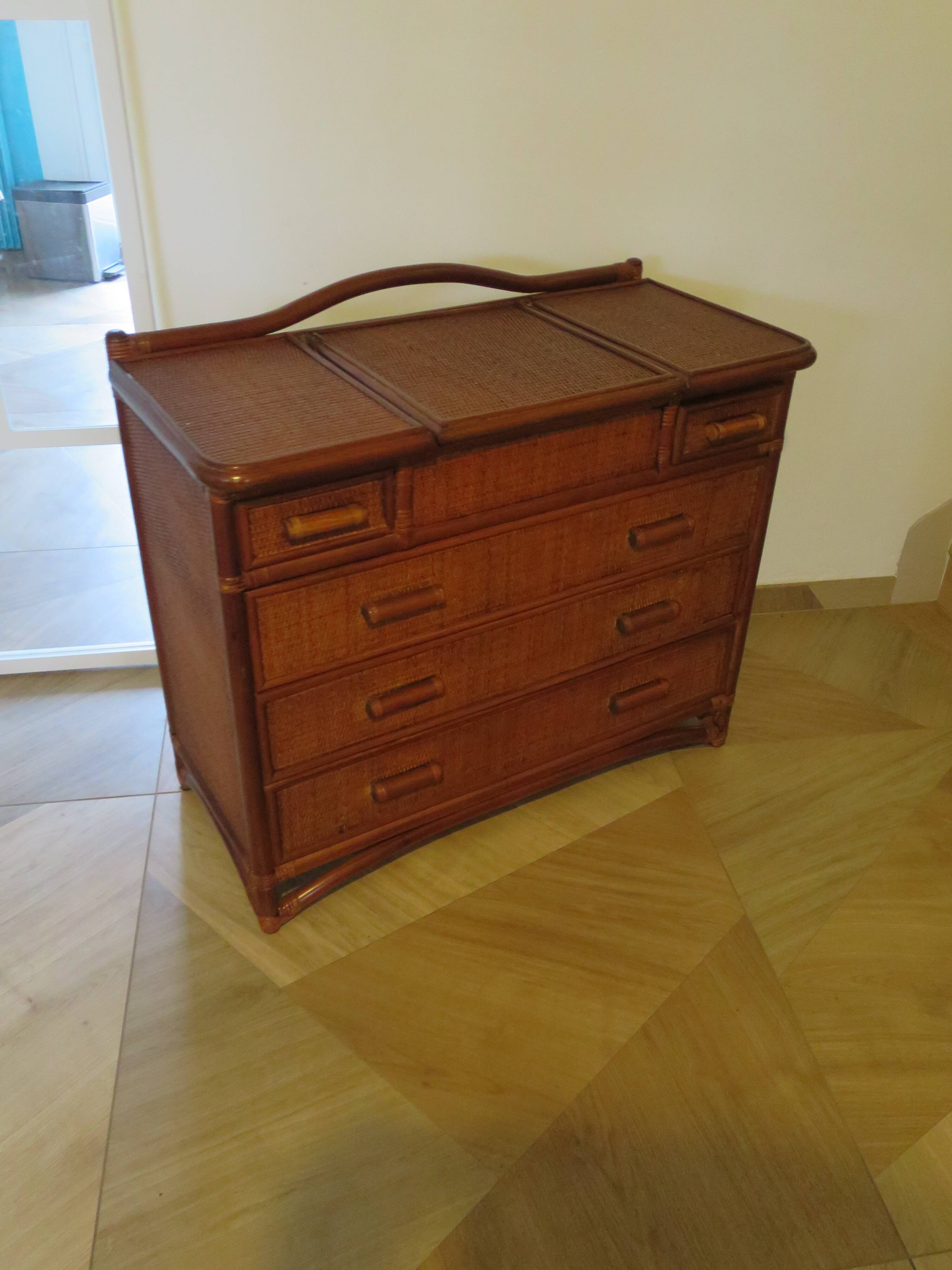 Vintage dressing table/chest - woven rattan - 5 drawers - mirror - 1960s/70s
