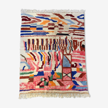 Moroccan berber carpet beni ouarain ecru with colorful patterns 300x215cm